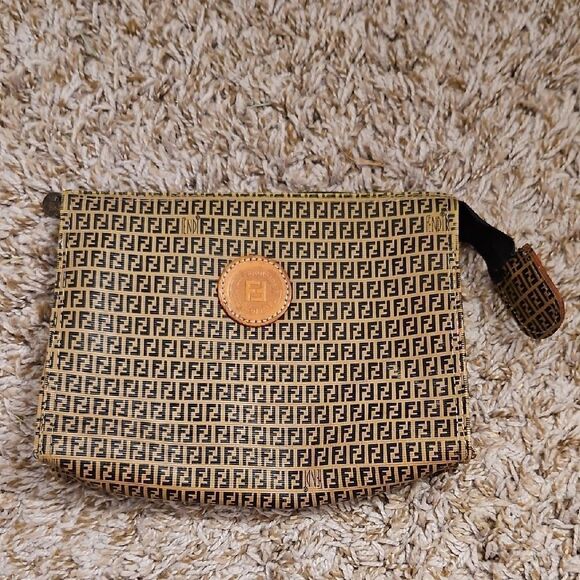 Vintage Fendi Zucchino Canvas Monogram Pouch in Black and Tan - Picture 1 of 10